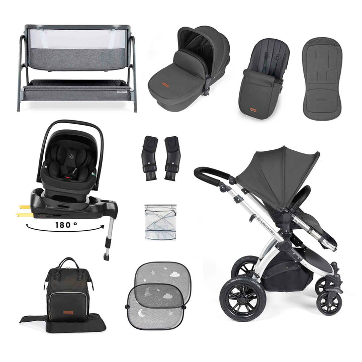 Ickle Bubba Stomp Luxe All-in-One i-Size Travel System with 360 Isofix Base (Nimbus) + Bubba&Me Bedside Crib – 14-Piece Bundle