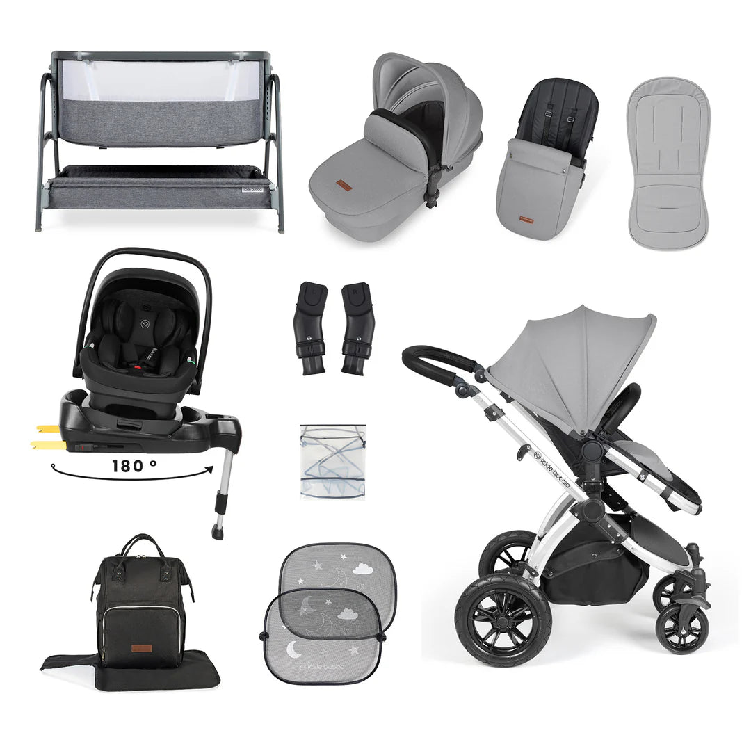 Ickle Bubba Stomp Luxe All-in-One i-Size Travel System with 360 Isofix Base (Nimbus) + Bubba&Me Bedside Crib – 14-Piece Bundle