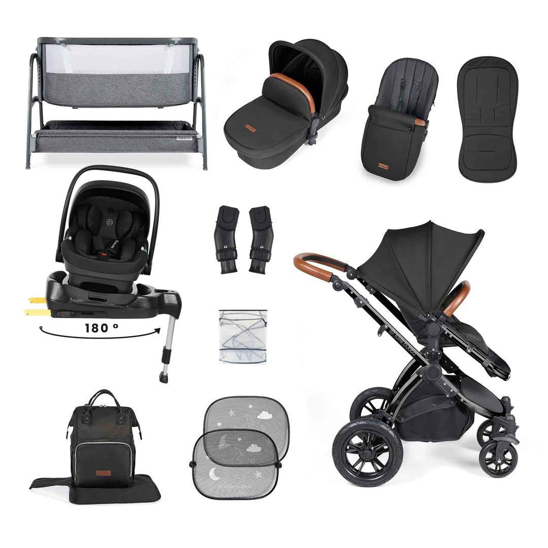 Ickle Bubba Stomp Luxe All-in-One i-Size Travel System with 360 Isofix Base (Nimbus) + Bubba&Me Bedside Crib – 14-Piece Bundle