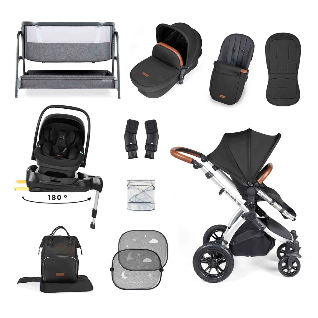 Ickle Bubba Stomp Luxe All-in-One i-Size Travel System with 360 Isofix Base (Nimbus) + Bubba&Me Bedside Crib – 14-Piece Bundle