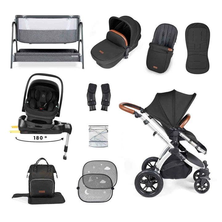 Ickle Bubba Stomp Luxe All-in-One i-Size Travel System with 360 Isofix Base (Nimbus) + Bubba&Me Bedside Crib – 14-Piece Bundle