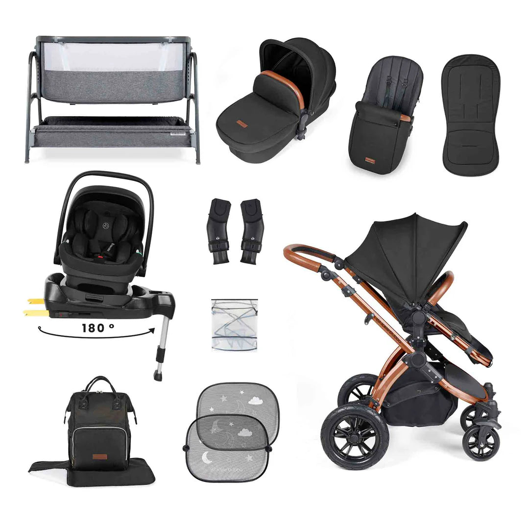 Ickle Bubba Stomp Luxe All-in-One i-Size Travel System with 360 Isofix Base (Nimbus) + Bubba&Me Bedside Crib – 14-Piece Bundle