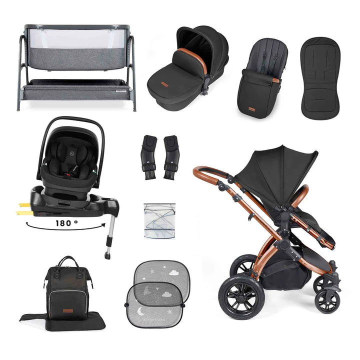 Ickle Bubba Stomp Luxe All-in-One i-Size Travel System with 360 Isofix Base (Nimbus) + Bubba&Me Bedside Crib – 14-Piece Bundle