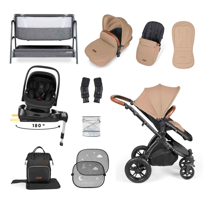 Ickle Bubba Stomp Luxe All-in-One i-Size Travel System with 360 Isofix Base (Nimbus) + Bubba&Me Bedside Crib – 14-Piece Bundle