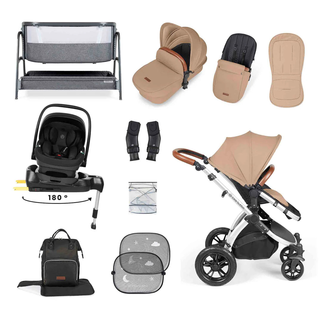 Ickle Bubba Stomp Luxe All-in-One i-Size Travel System with 360 Isofix Base (Nimbus) + Bubba&Me Bedside Crib – 14-Piece Bundle