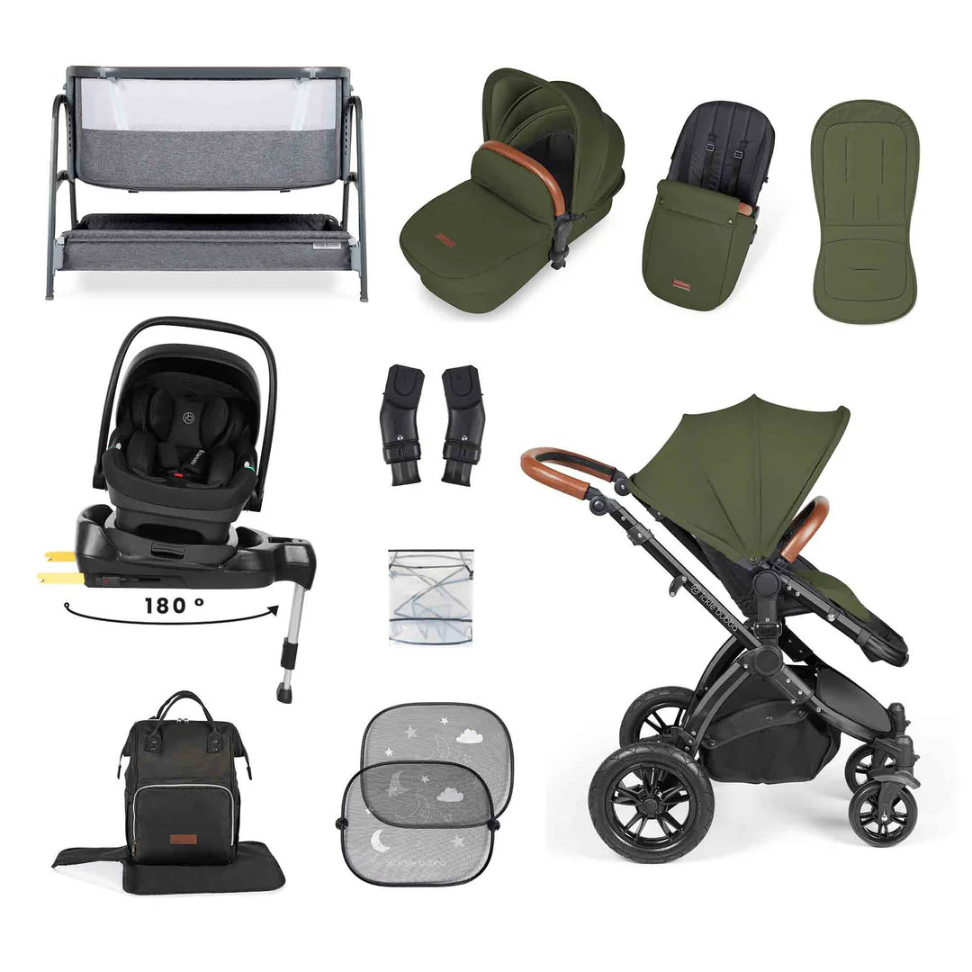Ickle Bubba Stomp Luxe All-in-One i-Size Travel System with 360 Isofix Base (Nimbus) + Bubba&Me Bedside Crib – 14-Piece Bundle