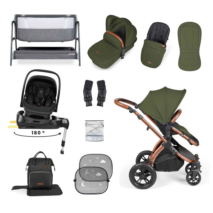 Ickle Bubba Stomp Luxe All-in-One i-Size Travel System with 360 Isofix Base (Nimbus) + Bubba&Me Bedside Crib – 14-Piece Bundle