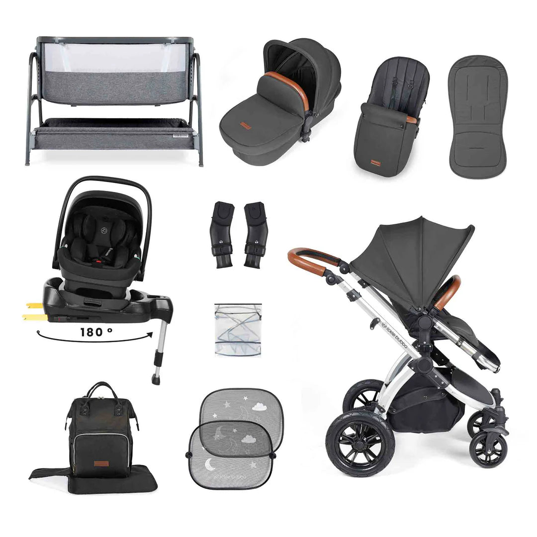 Ickle Bubba Stomp Luxe All-in-One i-Size Travel System with 360 Isofix Base (Nimbus) + Bubba&Me Bedside Crib – 14-Piece Bundle
