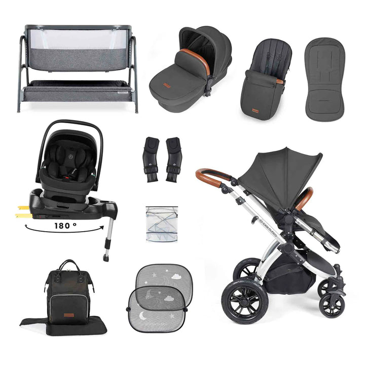 Ickle Bubba Stomp Luxe All-in-One i-Size Travel System with 360 Isofix Base (Nimbus) + Bubba&Me Bedside Crib – 14-Piece Bundle