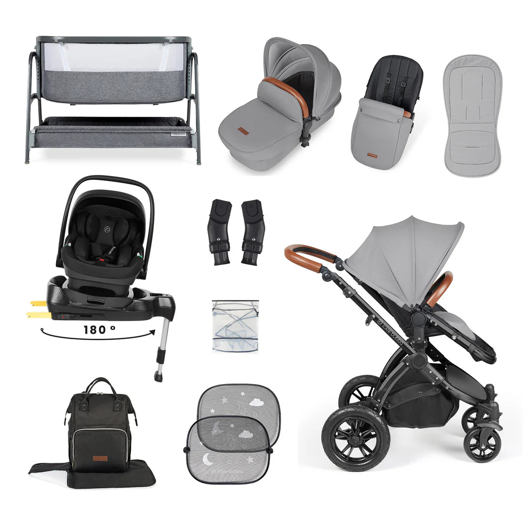 Ickle Bubba Stomp Luxe All-in-One i-Size Travel System with 360 Isofix Base (Nimbus) + Bubba&Me Bedside Crib – 14-Piece Bundle