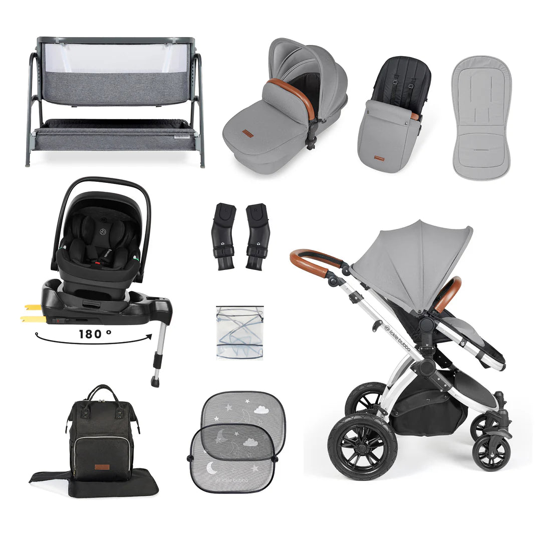 Ickle Bubba Stomp Luxe All-in-One i-Size Travel System with 360 Isofix Base (Nimbus) + Bubba&Me Bedside Crib – 14-Piece Bundle
