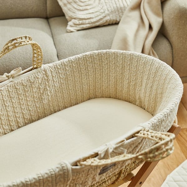 The little Green Sheep Organic Knitted Moses Basket, Mattress & Natural Rocking Stand - Linen