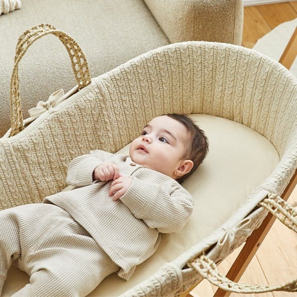 The little Green Sheep Organic Knitted Moses Basket, Mattress & Natural Rocking Stand - Linen