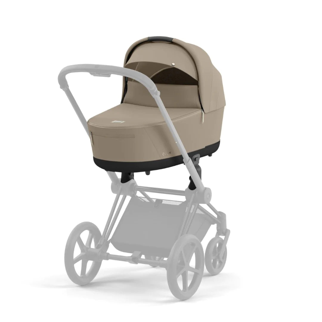 Cybex Priam Lux Pushchair Carry Cot Cozy Beige on Rose Gold Bambinosandbeyond