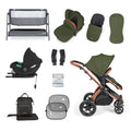 Ickle Bubba Stomp Luxe 14 Piece Travel System & Home Bundle Inc Cirrus Car Seat + Isofix Base - Woodland/Bronze/Tan