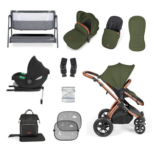 Ickle Bubba Stomp Luxe 14 Piece Travel System & Home Bundle Inc Cirrus Car Seat + Isofix Base - Woodland/Bronze/Tan