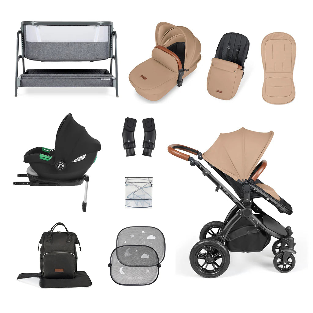 Ickle Bubba Stomp Luxe 14 Piece Travel System & Home Bundle Inc Cirrus Car Seat + Isofix Base - Desert/Black/Tan