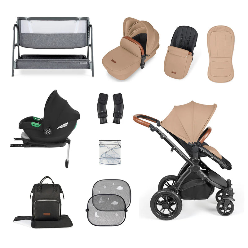 Ickle Bubba Stomp Luxe 14 Piece Travel System & Home Bundle Inc Cirrus Car Seat + Isofix Base - Desert/Black/Tan
