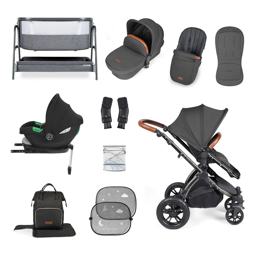 Ickle Bubba Stomp Luxe 14 Piece Travel System & Home Bundle Inc Cirrus Car Seat + Isofix Base - Charcoal/Black/Tan