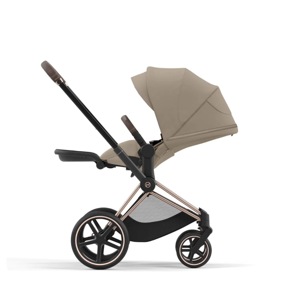 Cybex Priam Lux Pushchair Carry Cot Cozy Beige on Rose Gold Bambinosandbeyond