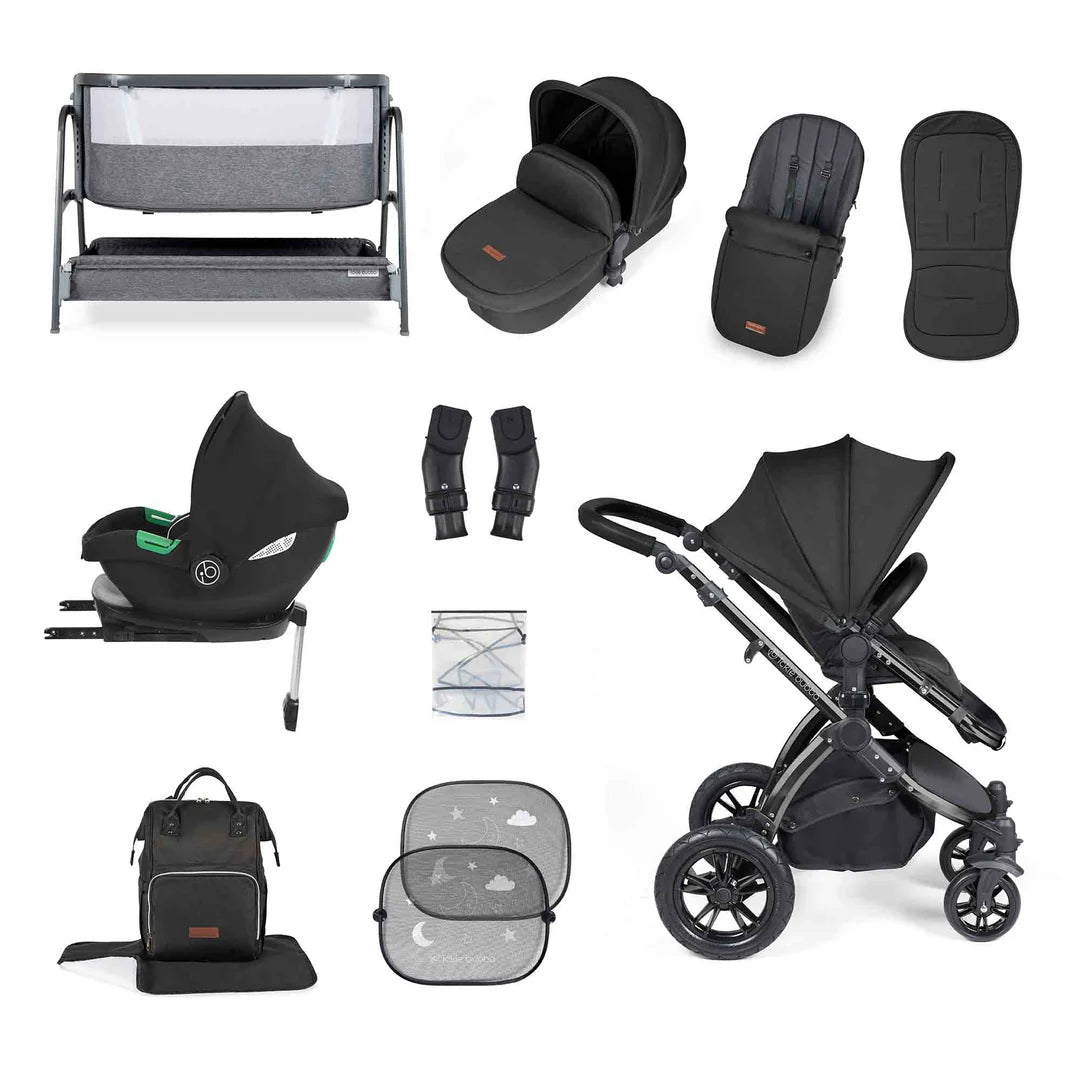 Ickle Bubba Stomp Luxe 14 Piece Travel System & Home Bundle Inc Cirrus Car Seat + Isofix Base - Black/Midnight/Black