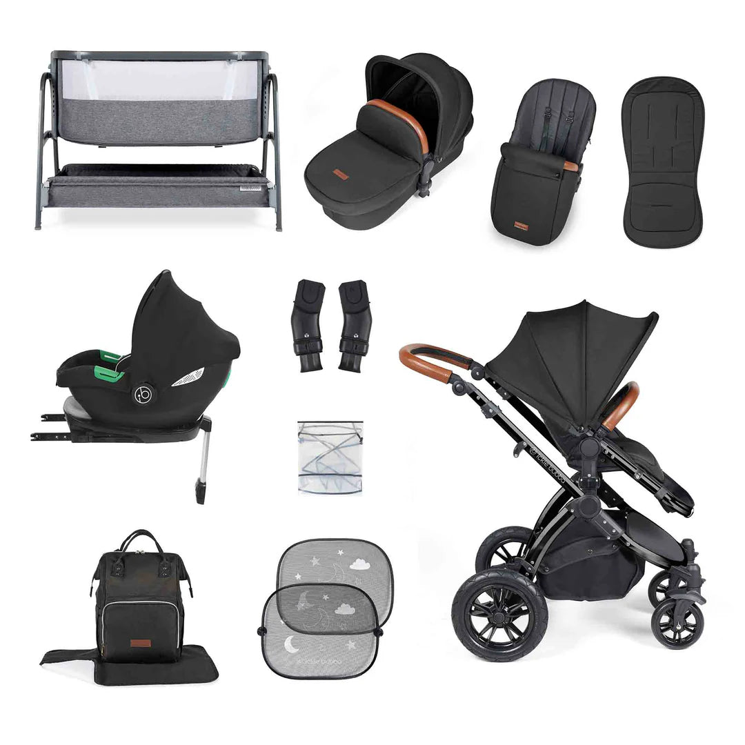 Ickle Bubba Stomp Luxe 14 Piece Travel System & Home Bundle Inc Cirrus Car Seat + Isofix Base - Black/Midnight/Tan