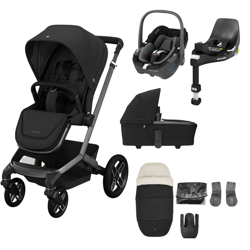 Maxi-Cosi Fame Pebble 360 8 Piece Complete Travel System Bundle - Twillic Black/Black