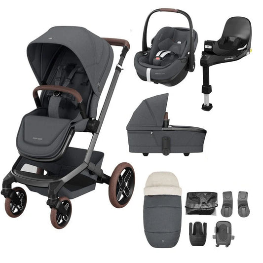 Maxi-Cosi Fame Pebble 360 Pro2 9 Piece Premium Travel System Bundle - Twillic Graphite/Brown