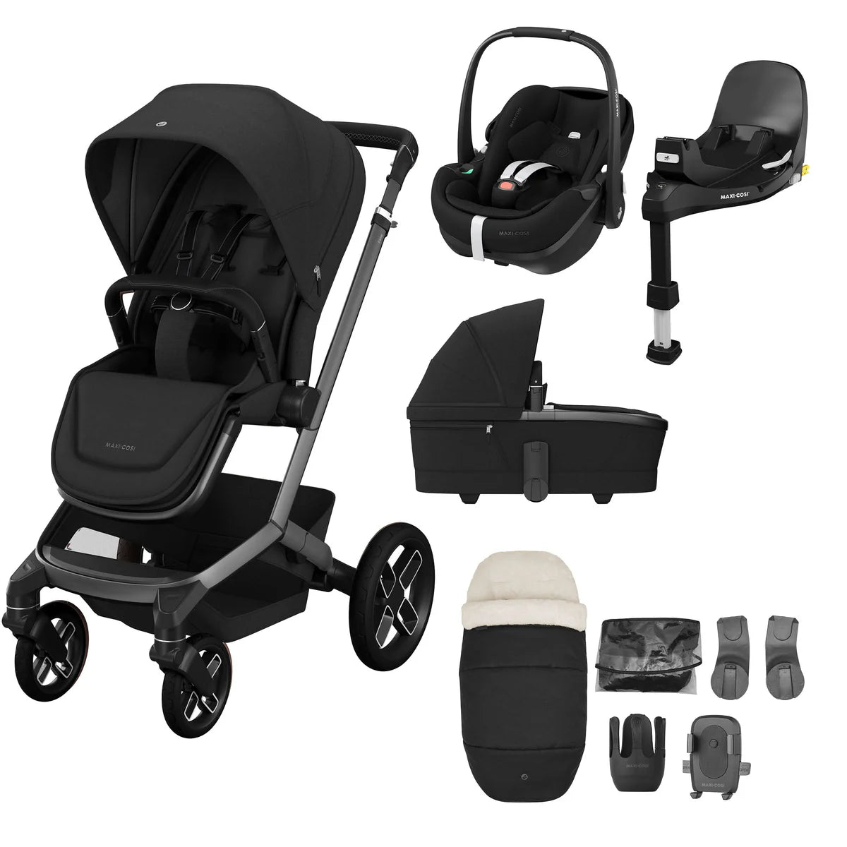 Maxi-Cosi Fame Pebble 360 Pro2 9 Piece Premium Travel System Bundle - Twillic Black