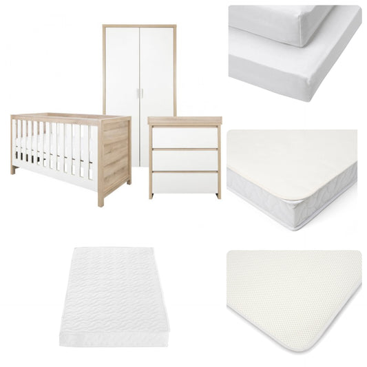 Tutti Bambini Modena 3 Piece Nursery Furniture Set + Bedding Bundle - White/Oak