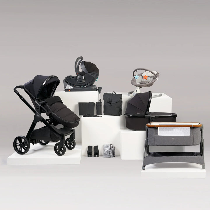 Bababing Raffi 3-in-1 Travel System + Bedside Travel Crib + HUB Electric Swing Bundle - Gloss Black