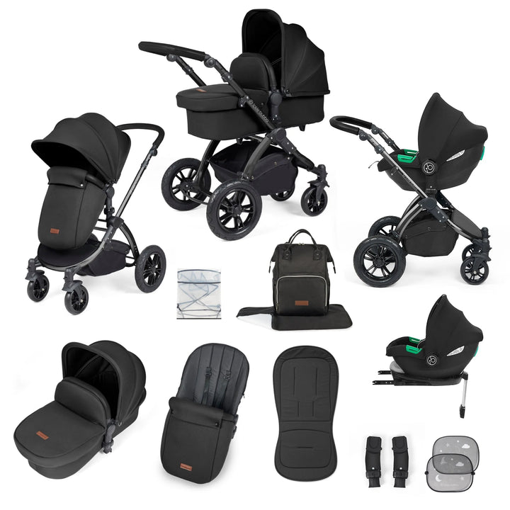 Ickle Bubba Stomp Luxe 14 Piece Travel System & Home Bundle Inc Cirrus Car Seat + Isofix Base - Black/Midnight/Black