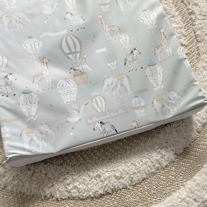 Bobbin & Bumble Anti-Roll Wedge Baby Changing Mat - Blue Hot Air Balloons Print