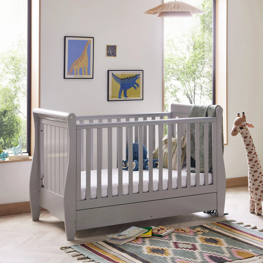 Babymore Stella Sleigh Drop Side Cot Bed - Grey