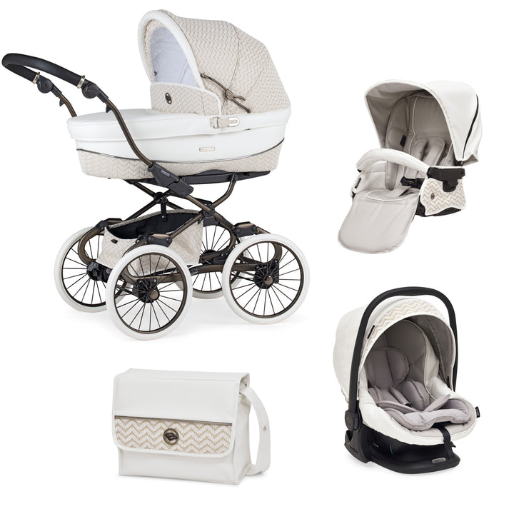 Bebecar Prive Stylo Class+ Travel System Inc I Size Car Seat + Raincover & FREE Changing Bag - Woven White