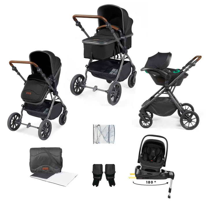Ickle Bubba Cosmo 9 Piece Travel System with i-Size Nimbus Spin Car Seat + Isofix Base - Black