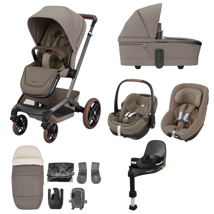Maxi-Cosi Fame 10 Piece Premium Family 360 Pro Travel System - Twillic Truffle/Brown Wheels