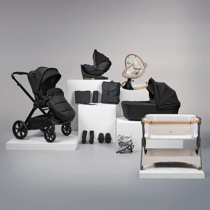 Bababing Raffi MKII 16 Piece Travel System and Home Bundle Inc 360 Car Seat + Isofix Base - Satin Black + FREE Auto Fold Stroller