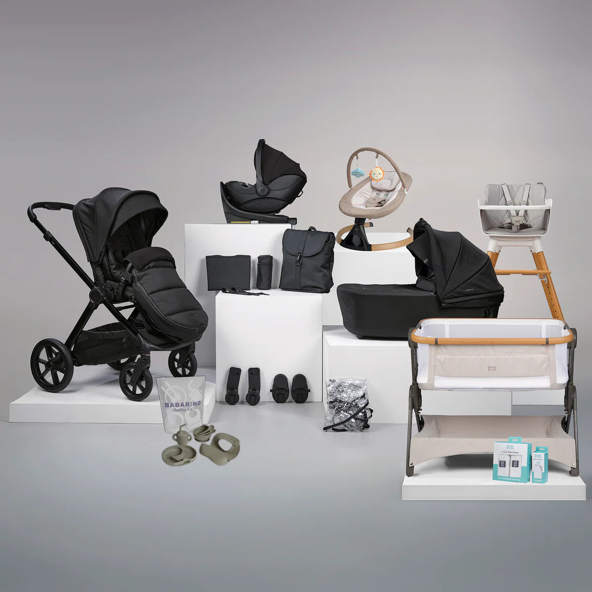 Bababing Raffi MKII 18 Piece Travel System, Home & Feeding Bundle - Satin Black