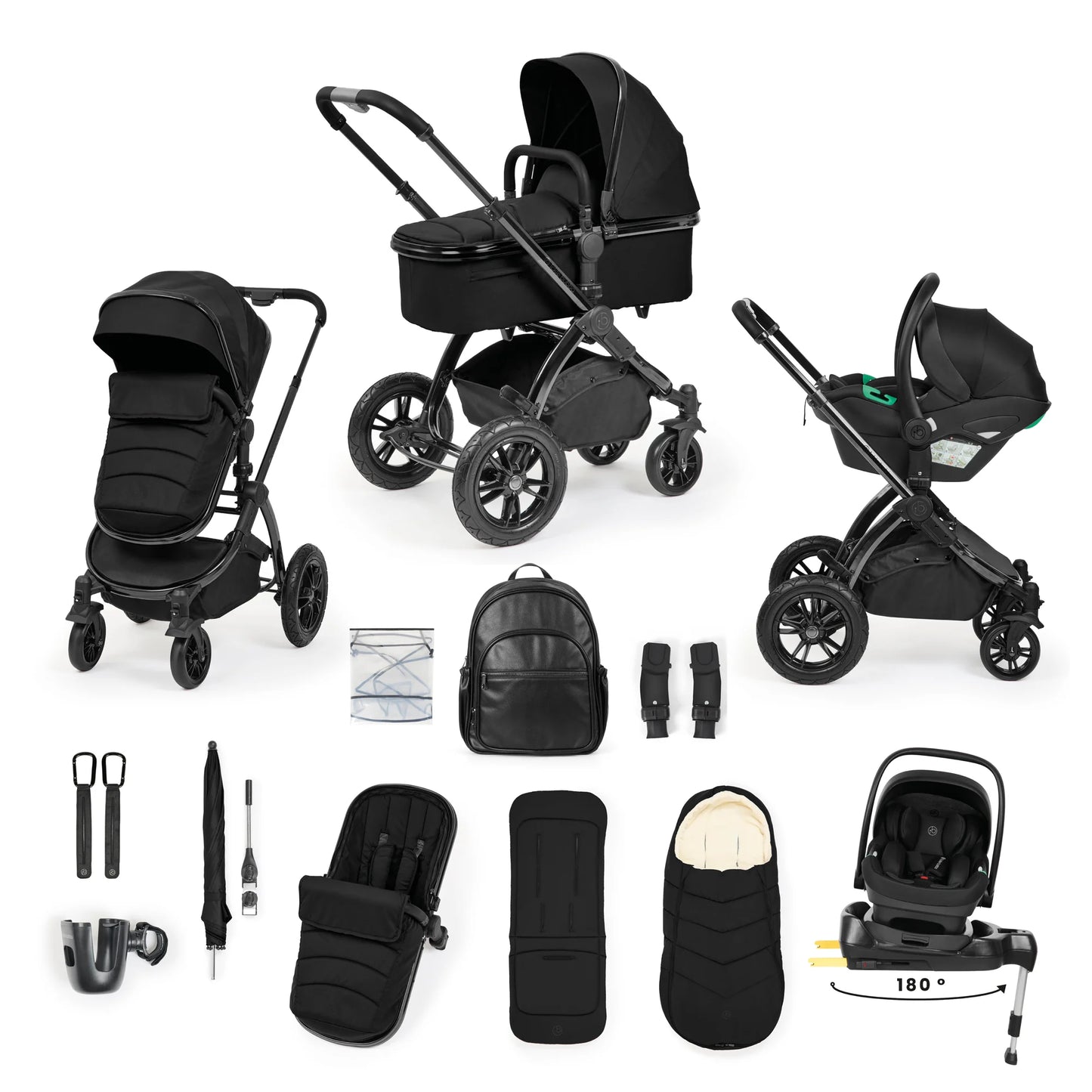Ickle Bubba Stomp Luxe Elements Edition 15 Piece Travel System + Nimbus i-Size Car Seat & Spin Isofix Base - Raven