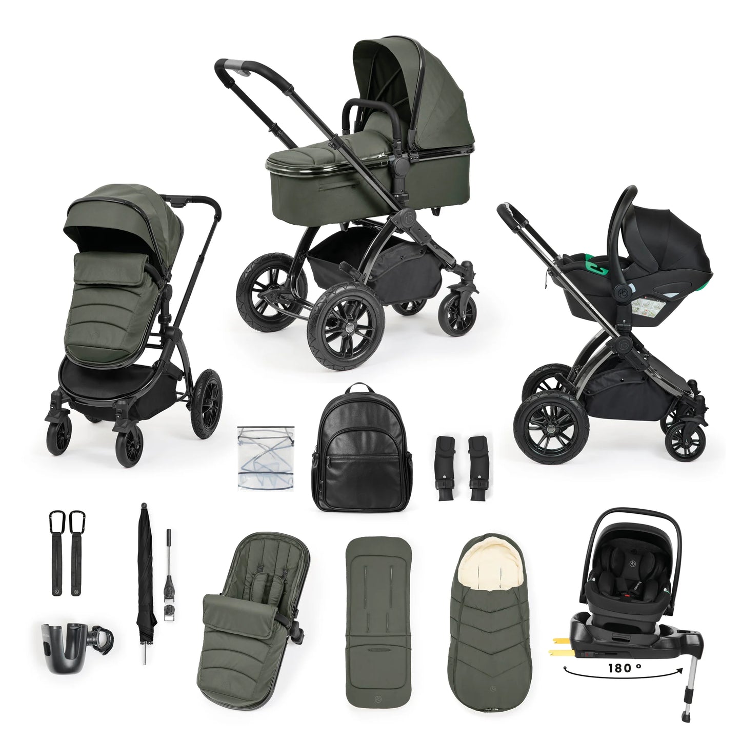 Ickle Bubba Stomp Luxe Elements Edition 15 Piece Travel System + Nimbus i-Size Car Seat & Spin Isofix Base - Forest