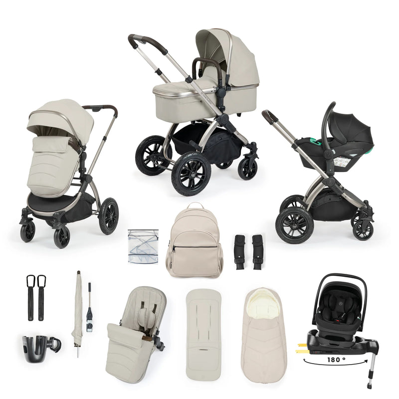 Ickle Bubba Stomp Luxe Elements Edition 15 Piece Travel System + Nimbus i-Size Car Seat & Spin Isofix Base - Moonbeam