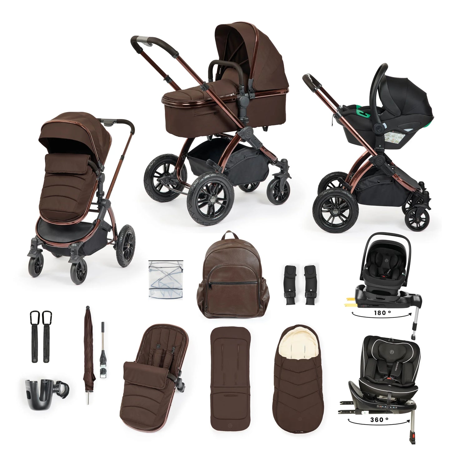 Ickle Bubba Stomp Luxe Elements Edition 16 Piece Pram & Radial Spin Car Seat Bundle - Chestnut