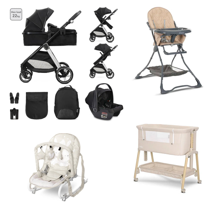 Lorelli Aspen 3in1 Travel System Bundle with Aria Luxe Car Seat, Millie Crib, Eliza Bouncer & Bonbon Highchair - Black/Beige