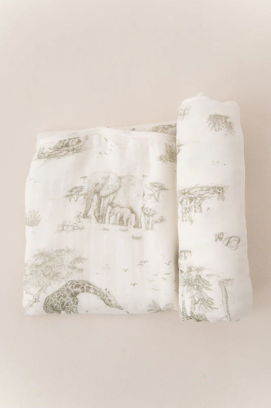 The Gilded Bird Safari Toile Bamboo Baby Blanket