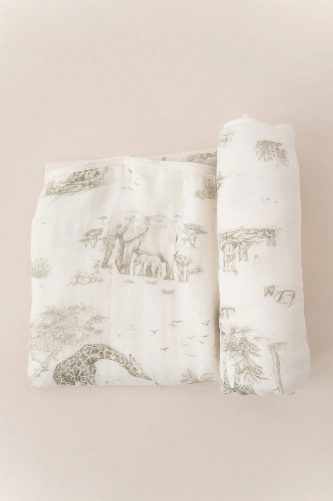 The Gilded Bird Safari Toile Bamboo Baby Blanket
