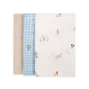Avery Row 3 Pack Organic Baby Muslin Squares - Little Farm