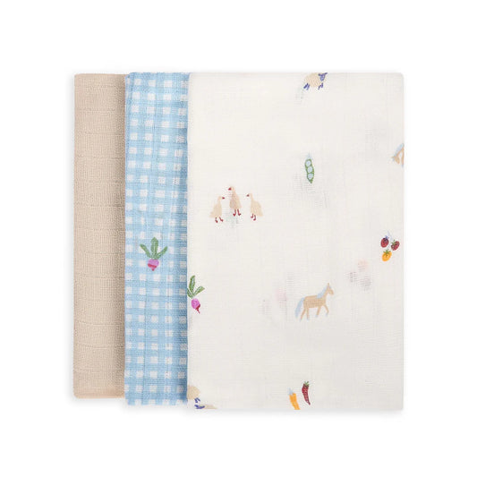 Avery Row 3 Pack Organic Baby Muslin Squares - Little Farm