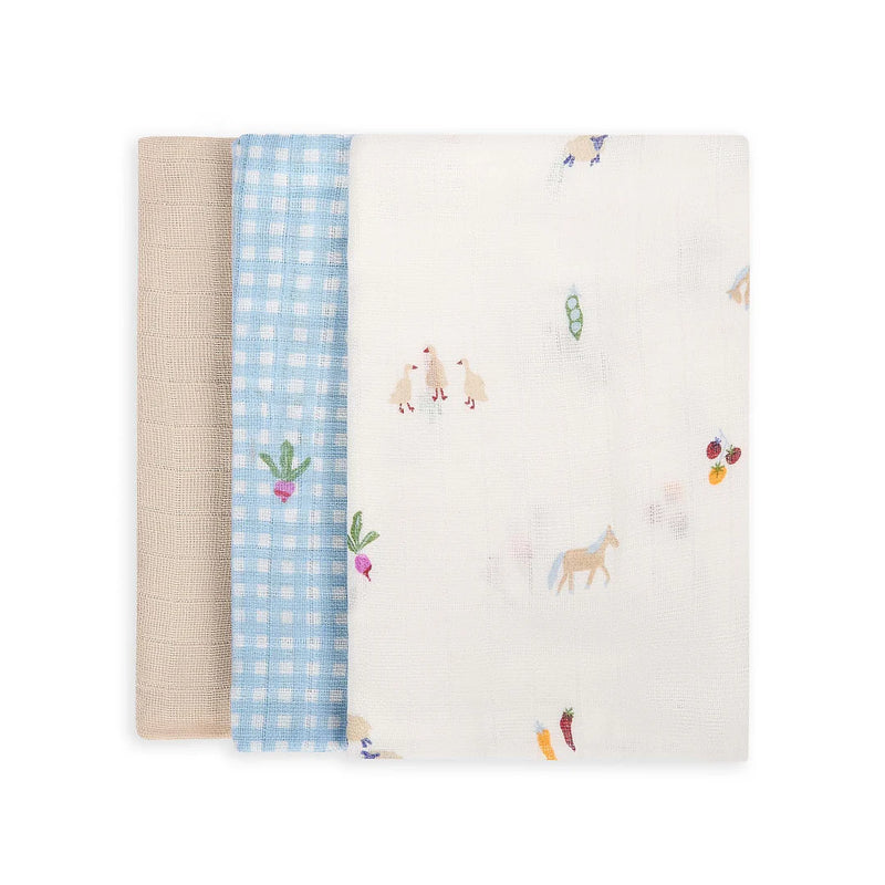 Avery Row 3 Pack Organic Baby Muslin Squares - Little Farm