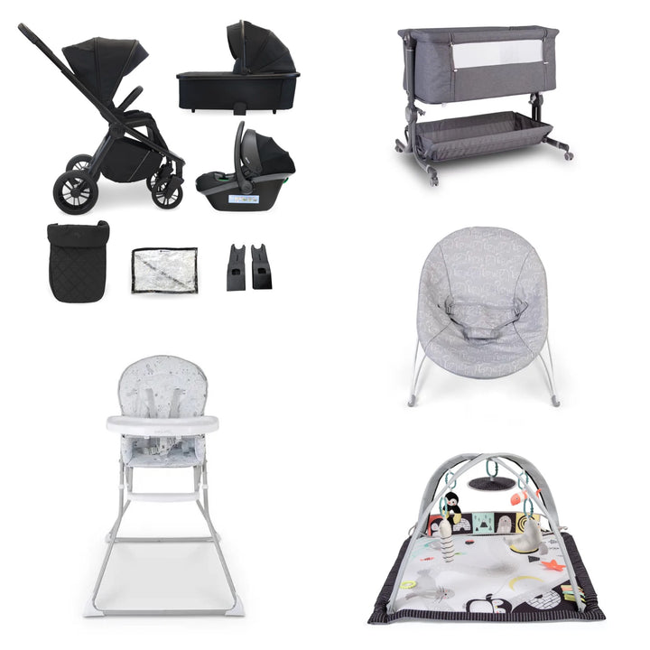 My Babiie MB450i Travel System Bundle + Crib, Highchair, Play Mat & Bouncer - Black